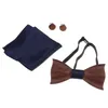 1set Wooden Tie Pocket Square Cufflink Wood Bow Tie Men Accessories Wedding Fashion Wooden Bow Ties Set