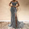 Luxe Gold Bourgondië Mermaid Prom Dress Kant Applicaties Sexy Slit Slobined Off Shoulder Avondjurken Lange Mouw Formele Jurken 2020