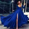 Women Evening Dress Deep V Neck Sweep Train Long Sleeve Dress Party Bridesmaids Femme Solid Maxi Prom Dresses