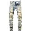 Jean homme bleu clair rétro marée National Sylish brodé déchiré droit Stretch pantalon lavé Vintage