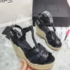 women designer sandals with logo and box fashion luxury women shoes high heels T strappy knitted straw woven wedge shoes
