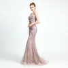2020 New Arivic Sexy v Neck Mermaid Dresses Satin Satin Beaded Lace Pugeant Party Evening Wear Robe de Soiree Sleeve3485604