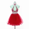 Red Tulle A-line Homecoming Prom Dresses 2 Piece Halter Crystal Beaded Piping Keyhole Backless Party Graduation Dress Evening Gowns Girls