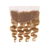 Indian Virgin Hair 13x4 Spets Front med babyhårprodukter 27# Gratis del Partihandel Body Wave Honey Blonde 12-24 tum