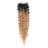 # 1B / 27 Mel loira Ombre peruana Curly Pacotes de cabelo humano com raizes Encerramento Dark Light Brown Kinky Curly Lace Encerramento 4x4 com Weaves