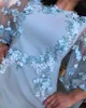 Ljusblå mor till brudklänningarna 3d blomma spets appliqued poet långärmad mors klänningar formella bröllop gästklänningar