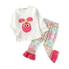 Kids Pasen Girls Outfits Babykleding Geappliceerd Bunny Floral Birds Bear Gedrukt Ruche Lange Mouw Tops Broek Kleding Sets 2-6T