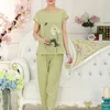Womens Summer Plus Size Pajamas Set Chinês Floral Print Manga Curta Tops Capri Calças Soltos Sleadwear Loungewear XL-4XL1