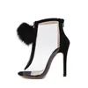 Kvinnor Faux Fur Ball Sexiga Stilettos Pumpar High Heels Transparent Zipper Peep Toe Party Shoes Girl Fashion Drop Shipping