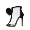 Kobiety Faux Fur Ball Sexy Stilettos Pompy Wysokie Obcasy Przezroczyste Zipper Peep Toe Party Shoes Girl Fashion Drop Shipping