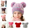 Cute Double Fur Ball Hats Baby Girls Knit Cap Kid Crochet Pom Pom Beanies Hat Children Knit Outdoor Caps Kids Accessories 13 Colors