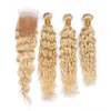 Bundles de tissage de cheveux humains blonds brésiliens humides et ondulés avec fermeture Vague d'eau # 613 Fermeture frontale en dentelle blonde 4x4 avec trames de cheveux vierges