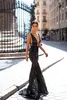 Sexy Black Mermaid Prom Dresses Backless See Through Lace Applique Sequined Evening Gowns Deep V Neck Cocktail Party Dresses robes de soirée