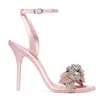 Vente chaude-chic satin satin clair cristal strap strass femme sandales fleur haute sandales d'été talon aiguille