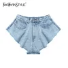 Twotwinstyle Casual Denim Shorts Saias Alto Cintura Ruffle Hem Solta Ruched Calças Curtas Femininas Moda Roupas 2020 Primavera Tide CX200605