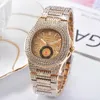 Mens Horloge Quartz Mening Auto Date Full Diamond Rose Gold Black Case Strap Mannelijke Klok Roestvrij GRATIS VERZENDING