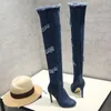 Tamaño 33 a 42 43 con caja, tacones altos atractivos, moler viejas botas hasta el muslo por encima de la rodilla, botas azules de mezclilla, botas de diseñador de invierno