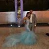 Sexy African Sky Blue Mermaid Prom Party Dresses 2022 Deep V-Neck Long Train Puffy Appliques Black Girls Special Occasion Evening Gowns