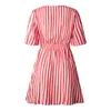 Kobiety Sexy Vintage Dresses Deep V-Neck Krótki Rękaw Paski Drukuj Mini A-Line Swing Sukienka nad plisowaną sukienką kolana