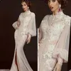 Arabic Moroccan Mermaid Evening Dresses Long Sleeve High Neck Lace Bottons Split Prom Gowns Dubai Caftan Plus Size Formal Dress Abendkleider