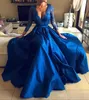 Blue Prom Royal Plunging Dresses with Pockets Sexy Deep V Neck Long Lace Sleeves Side Slit Satin Plus Size Formal Evening Wear Party Gown