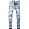 Jean homme bleu clair rétro marée National Sylish brodé déchiré droit Stretch pantalon lavé Vintage