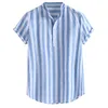Camisa Masculina Men Skjorta Mens Striped Bomull Linen Henry Colla Loose Short Sleeve Casual Buttons Camisas Masculina1