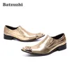 Batzuzhi British Type Men Shoes Screed Gold Metal Cap Leather Sukienka Buty Slip On Gold Party Wedding Buty Mężczyźni Biznes