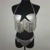 Bling Rhinestones Bikini Set Chic Halter Link Cadena Borlas Sujetador Cintura baja Tanga Panty Traje de baño Verano Playa Traje de baño Biquini