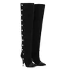 Zima Nowe Kobiety Czarny Niebieski Prawdziwej Skóry 100 mm Dziwne obcasy Spiczaste Nity Nity Over The Knane Udo High Knight Boots Lady