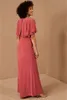 2020 Wody Melon Mother Sukienki Klejnot Krótkie Rękawy Stefle Side-Splitu Goście Ślubne Ruffle Sweep Train Custom Made Formal Party Suknie