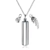 Cylinder Capsule Secret Message Invially Cremation Ash Urn Halsband i Rostfritt Stål Stash Locket Wing och Crystal Dangle Halsband