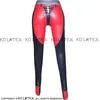 Zwarte en rode versieringen, sexy latex broek, legging met vetersluiting, voorkant, achterkant, rubberen jeansbroek 00109863830