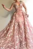 3d Flowers Pink Lace Prom Dresses with Detachable Train V Neck Long Sleeve Arabic Dubai Mermaid Ocn Evening Wear Dress