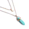 Natural Stones Moon Pendants Necklace Double Layer Gold Link Chains Women Crystal Quartz Bullet Hexagonal Prism Point Healing Charm Jewelry