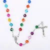 New Religious Catholic Rainbow Rosary Long Necklaces Jesus cross pendant 8MM Bead chains For women Men s Fashion Christian Jewelry