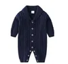 Kids Boys Clothes Rompers Infant Knitted Solid Jumpsuits Long Sleeve Toddler Turndown Collar Onesies Newborn Button Playsuits Bodysuit D6410