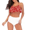 Nuovo pieghettato sexy vita alta arruffato divisa europea fiore rosso delle donne del bikini di stampa e americano del costume da bagno Monokinis 0061