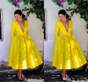 Sexy Cheap Yellow A Line Prom Dresses Long Deep V Neck Long Sleeves Pleats Ankle Length Formal Dress Evening Gowns Vestidos De Noiva ogstuff