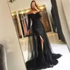 2020 Sexy Black Evening Dresses with Tulle Overskirt Off The Shoulder Long Sleeves Split Mermaid Prom Tube Dress Women