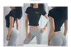 Nybrev broderad kort T-shirt, Navel-Exposed Sexy Fitness Apparel, Bröst-avslöjande Yoga Tight-passande sportstopp