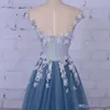 Party Evening Dress for Woman Scoop A-Line Decorated with Flower Tull Blue Prom Dress for Graduation vestido de festa 2019272I