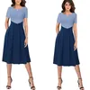 Vfemage Women Notch V Neck ColorBlock Patchwork Pockets Pleated Work Office Business Casual Party Flare A-Line Skater Dress 1031