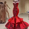 Sparkly Red Sequined Appliques Mermaid Formal Party Evening Dresses 2020 Ny glänsande juvel nacke Fishtail Prom Dress Red Carpet Pageant Gowns