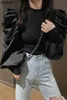 Fashion-Woherb Korean Moda Czarny Swetry Pół Turtleneck Długi Słodki Puff Sleepers Solid Patchwork Slim Sweter Kobiety Jesień Nowy