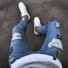 Hirigin Men Jeans 2018ストレッチ破壊されたアップリケデザインファッションアンクルジッパースキニージーンズmen304t