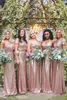 Rose Gold Sequins Bridesmaid Dresses Short Sleeves Spaghetti Straps One Shoulder Long Ruched Pleats Strapless Maid Of Honor Gown 403