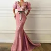 Stuning Pink Mermaid Prom Dress With Short Sleeves Handmade Flowers Appliques Robe de soiree Long Evening Dresses