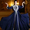 Navy Blue Chiffon Muslim Prom Formal Dresses 3/4 Long Sleeve 2021 Arabic Kaftan Caftan Morocco Abaya Lace Applique Evening Gown