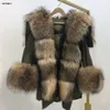 2019 Vinterjacka Kvinnor Real Fur Coat Big Natural Raccoon Fur Collar Long Parka Vit Duck Down Jacket Streetwear Korea Fashion